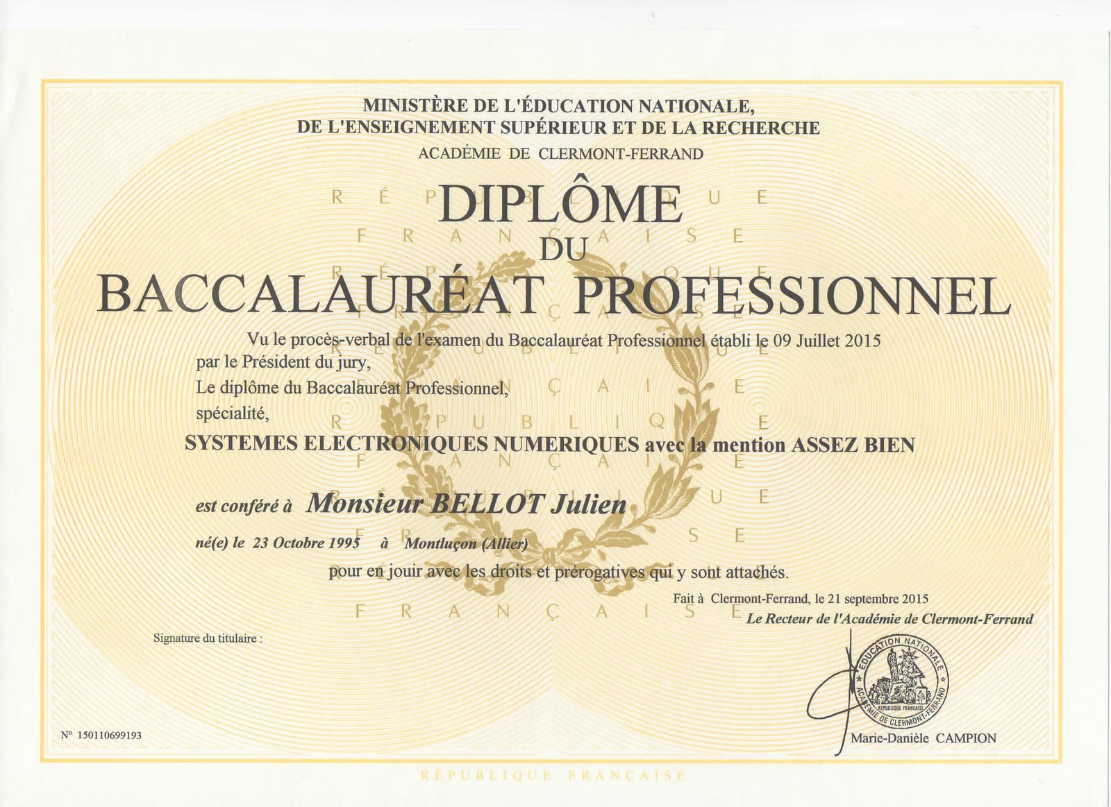 Diplôme du BAC PRO SEN (Systèmes Électroniques Numériques) de Julien BELLOT, obtenu avec mention